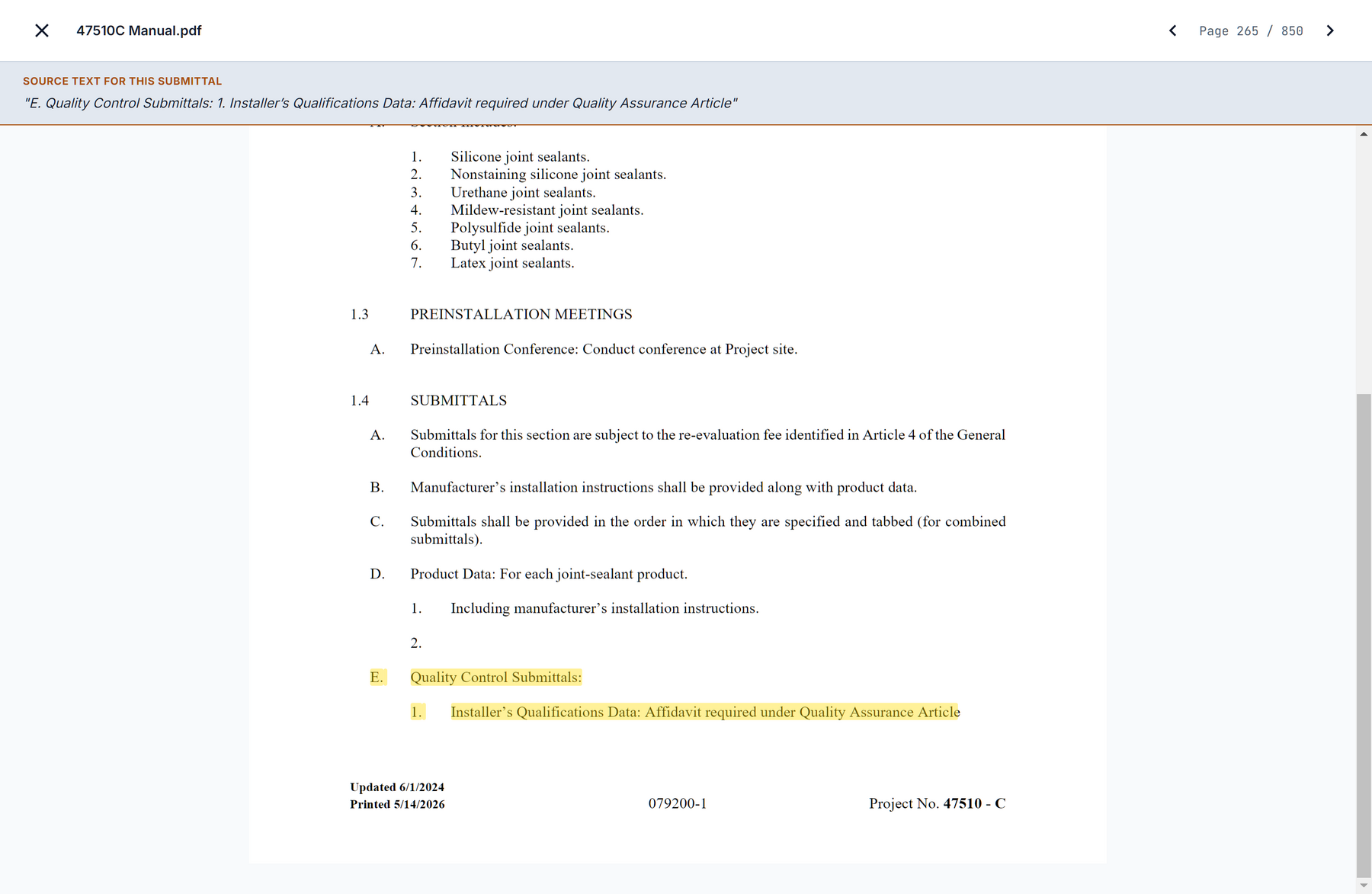 The project manual open in SubPro at page 265 of 850, Section 07 92 00 Joint Sealants, the installer qualifications requirement highlighted on the page and quoted in the bar above it