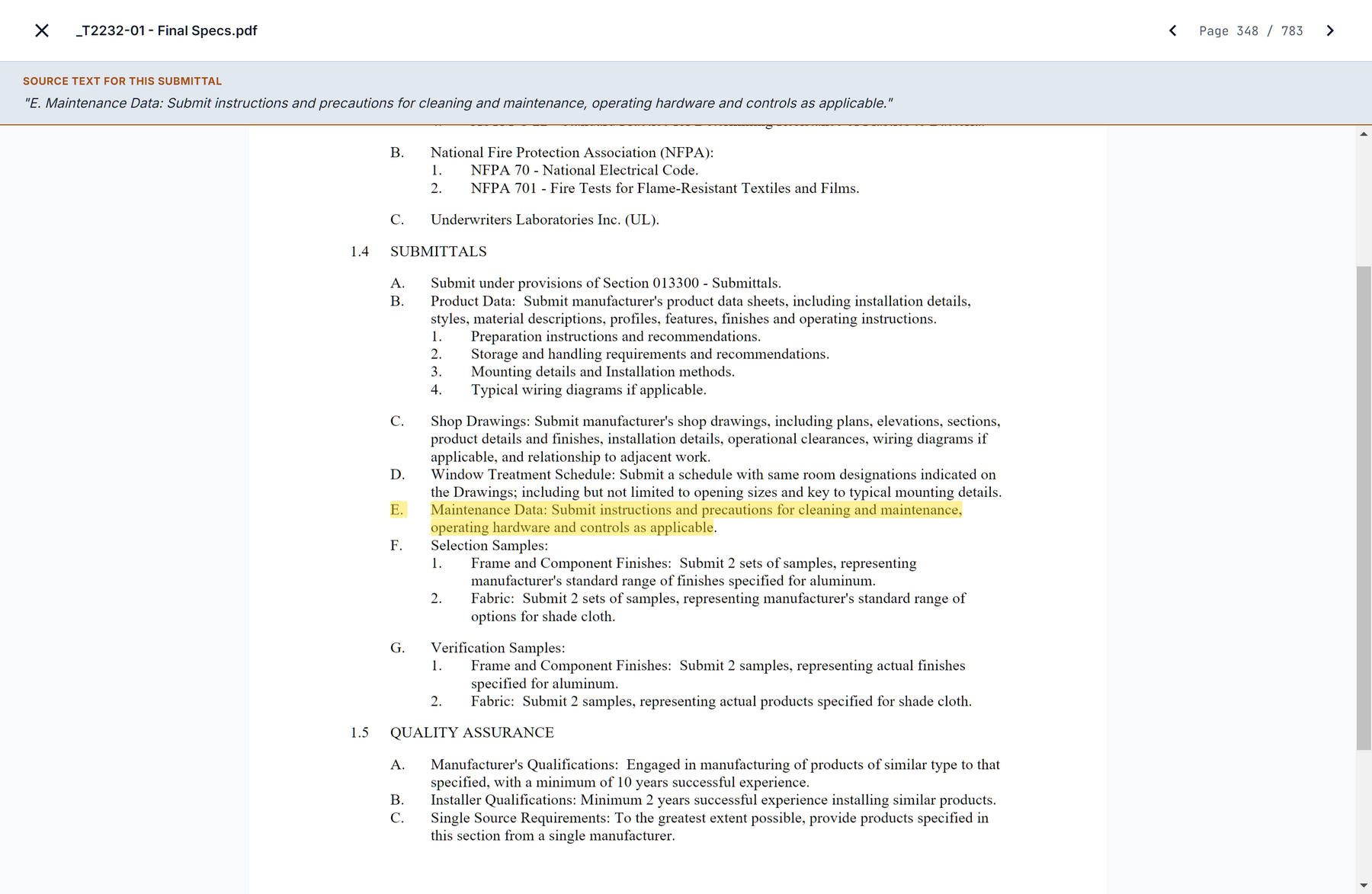 The T2232-01 project manual open at page 348, Section 12 24 13 Roller Window Shades, the maintenance data requirement highlighted and quoted above the page