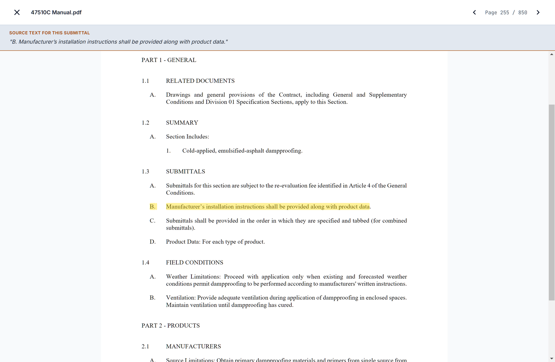 The source page behind a dampproofing register row: the project manual at page 255 of 850, the installation-instructions requirement highlighted and quoted above the page