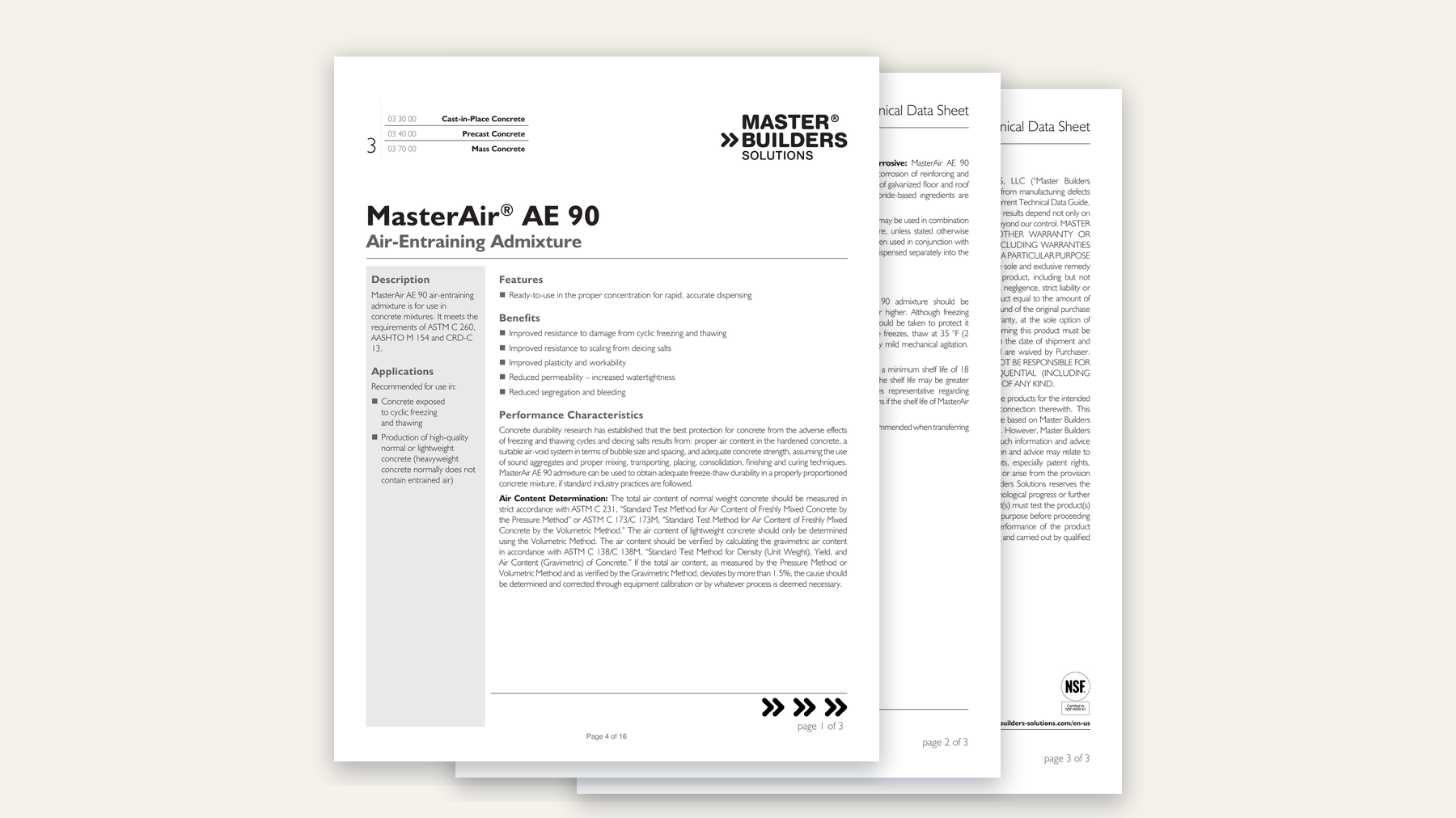 Three pages of a manufacturer's air-entraining admixture data sheet fanned in a stack, each stamped with its page number inside the sixteen-page submittal package