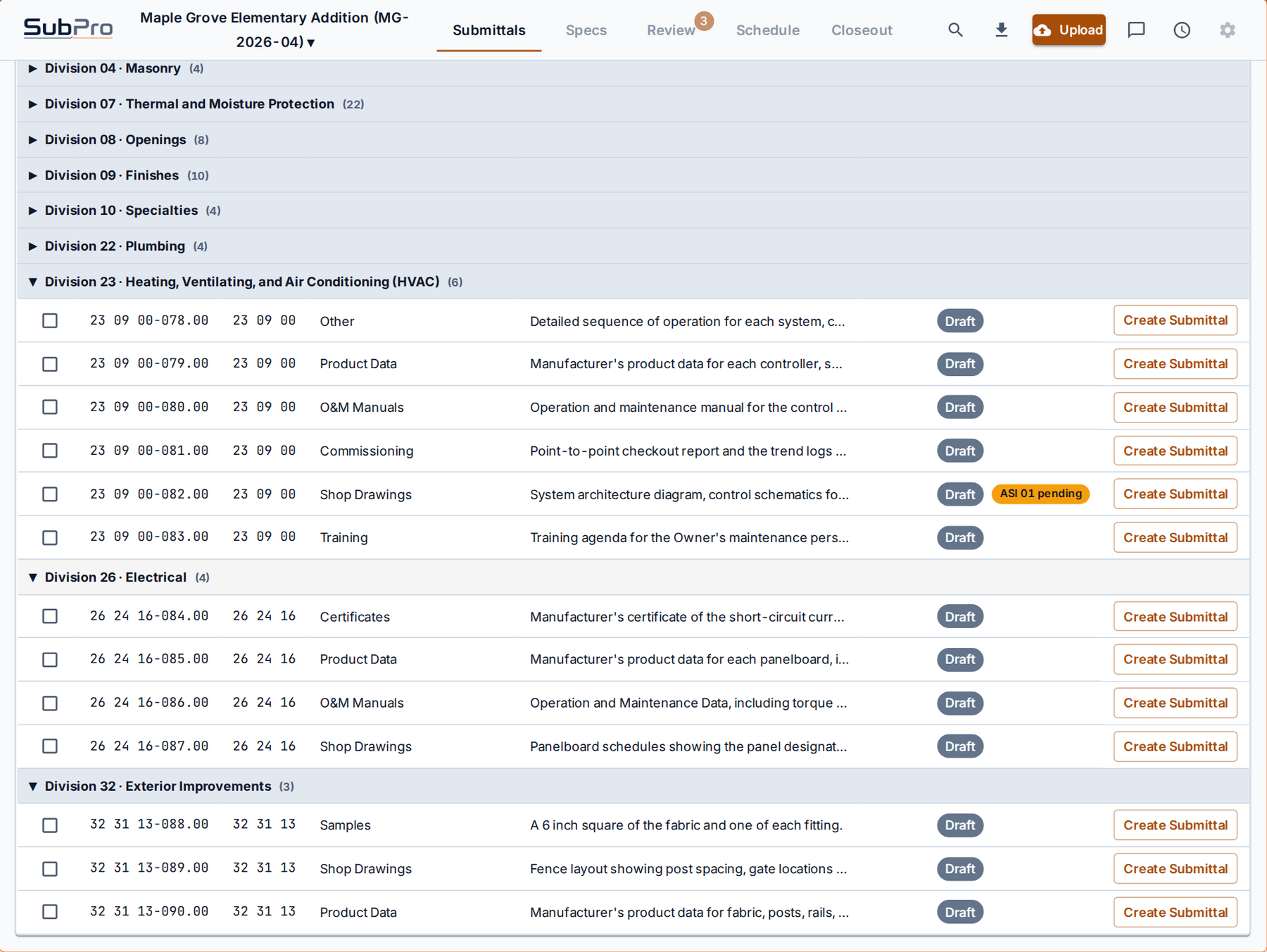 The SubPro submittal log scrolled to Division 23 HVAC, rows for equipment product data, controls and maintenance manuals