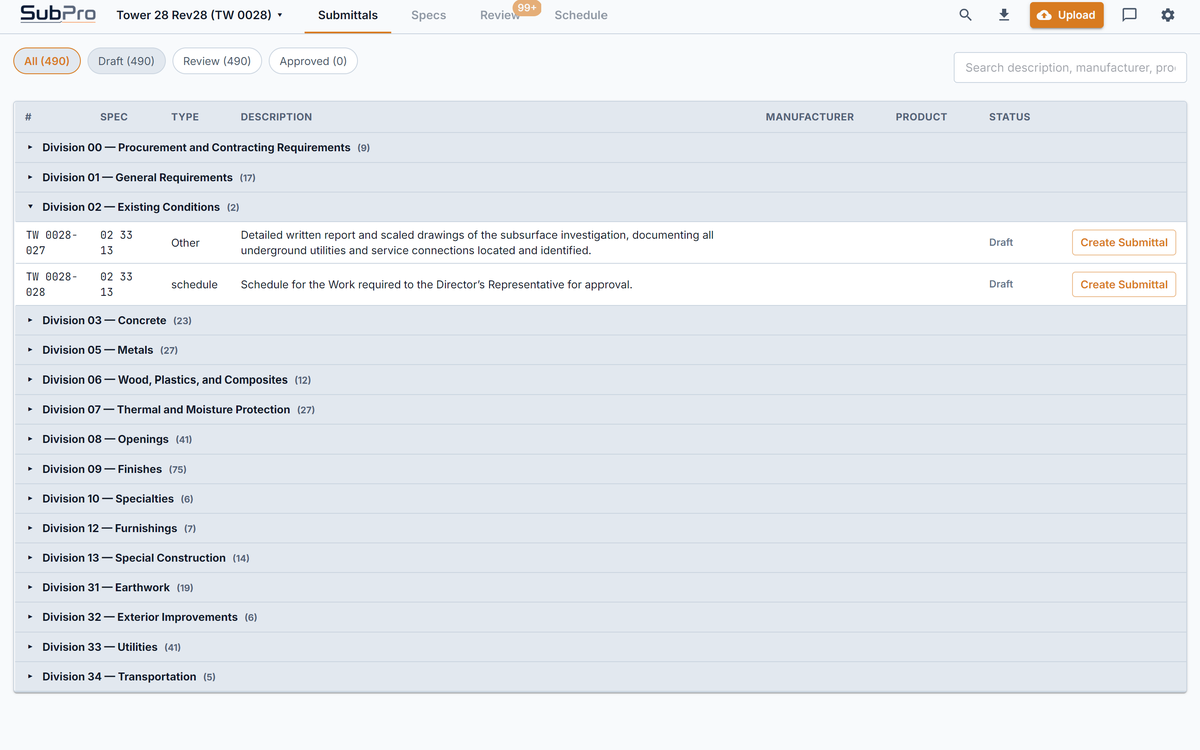 SubPro submittals view for a sample project showing 490 draft submittals grouped by CSI division