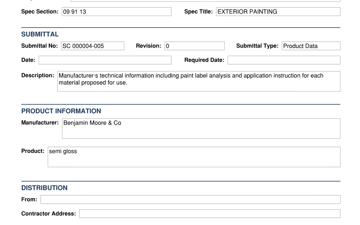 SubPro transmittal with spec section, submittal details, and the selected manufacturer and product filled