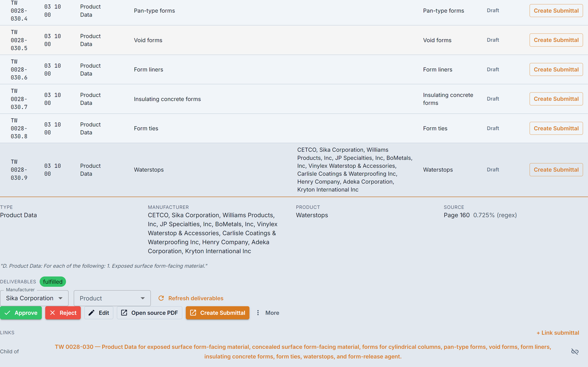 SubPro submittal row detail with manufacturer and product matches, a source page citation, and approve or reject controls