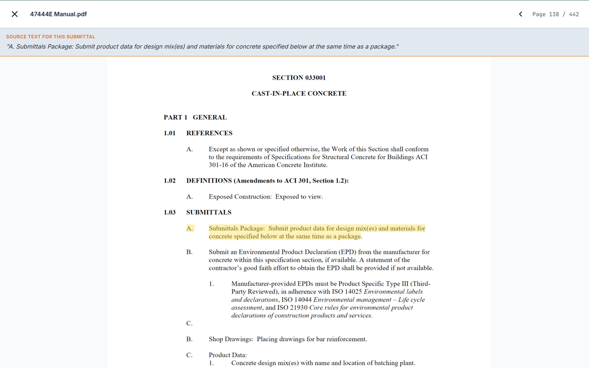 SubPro source view highlighting a submittal requirement on page 138 of a 442-page spec book