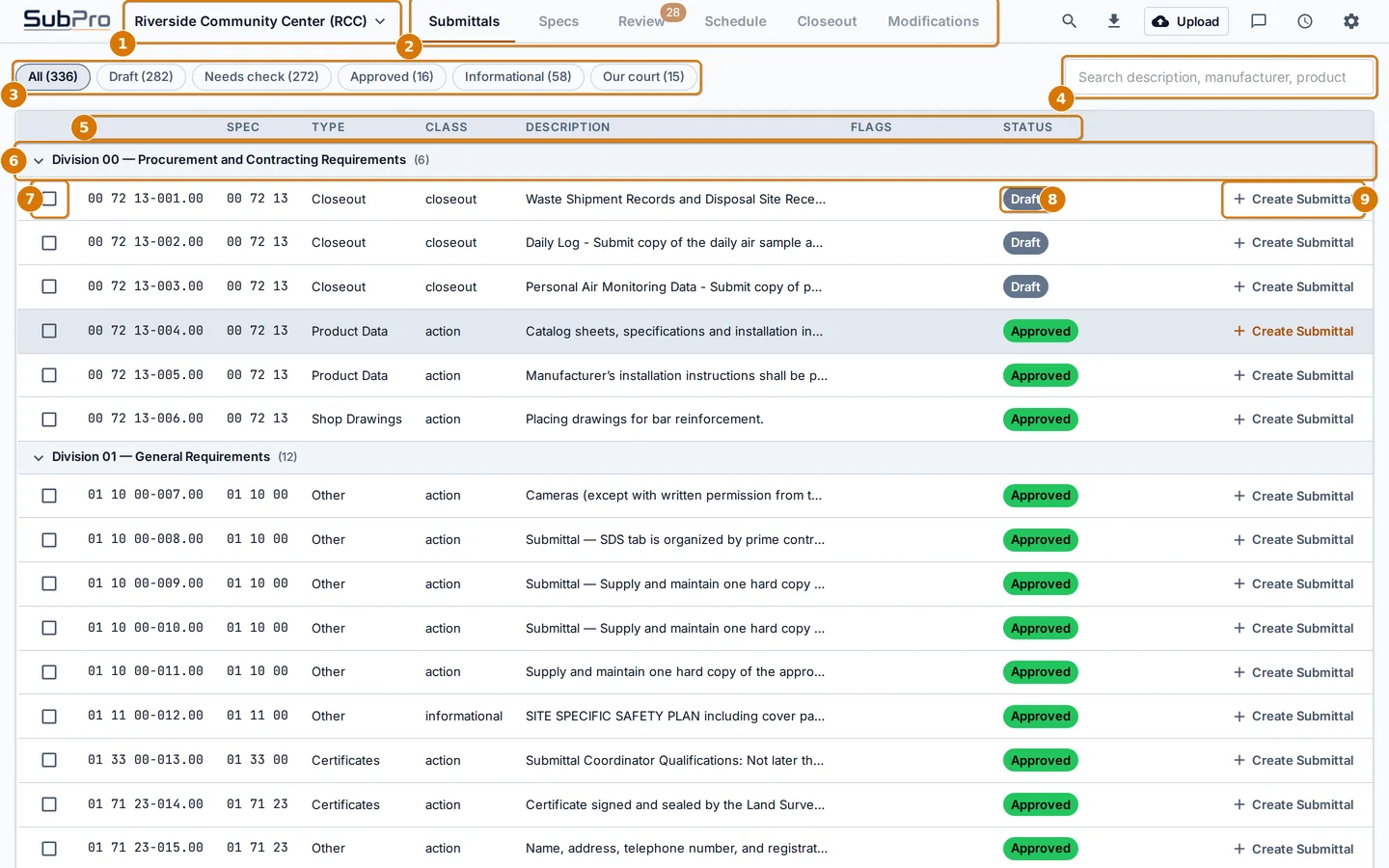 The Submittals tab with the log open