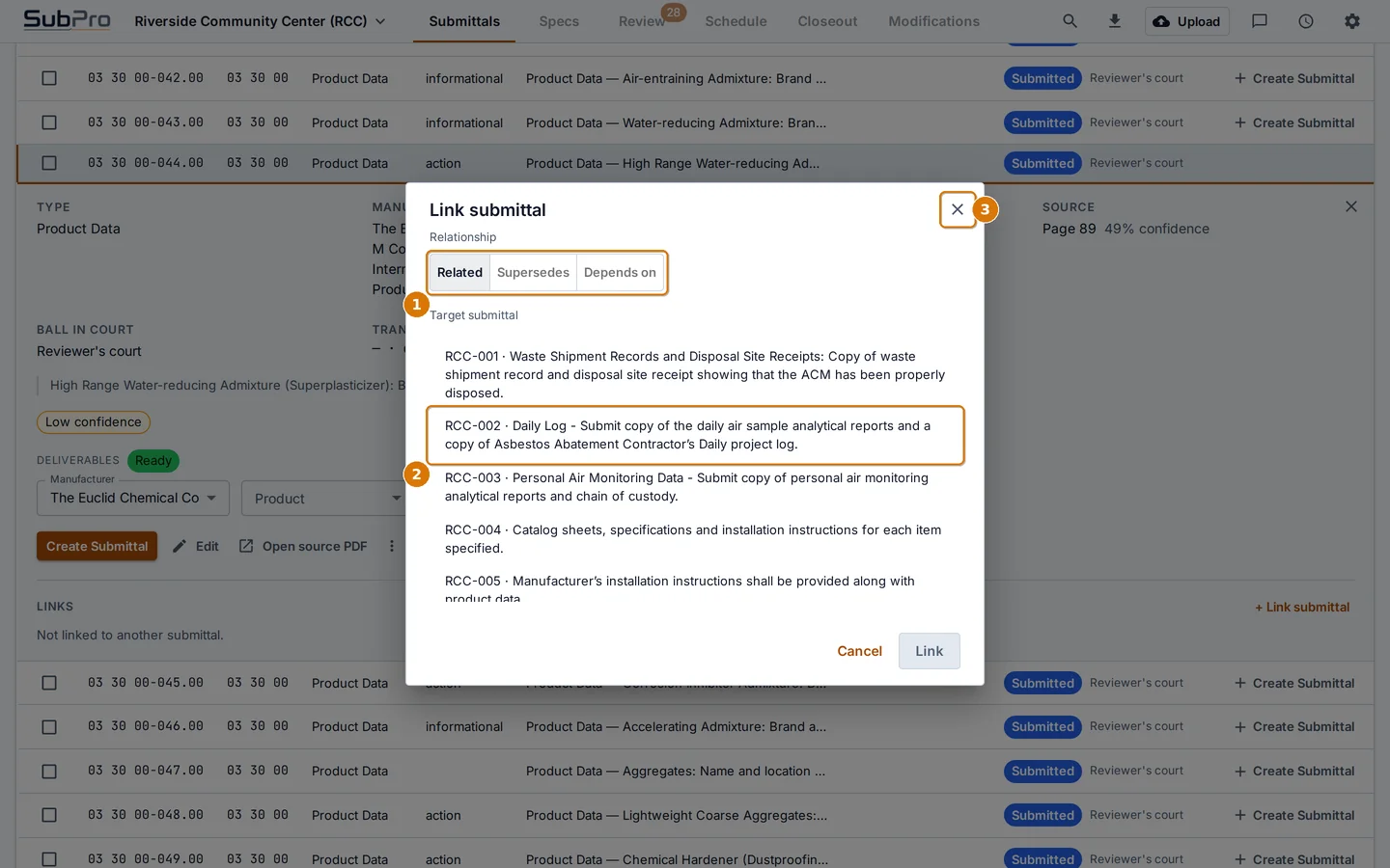 The Link submittal dialog