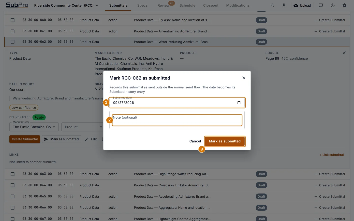The Mark as submitted dialog