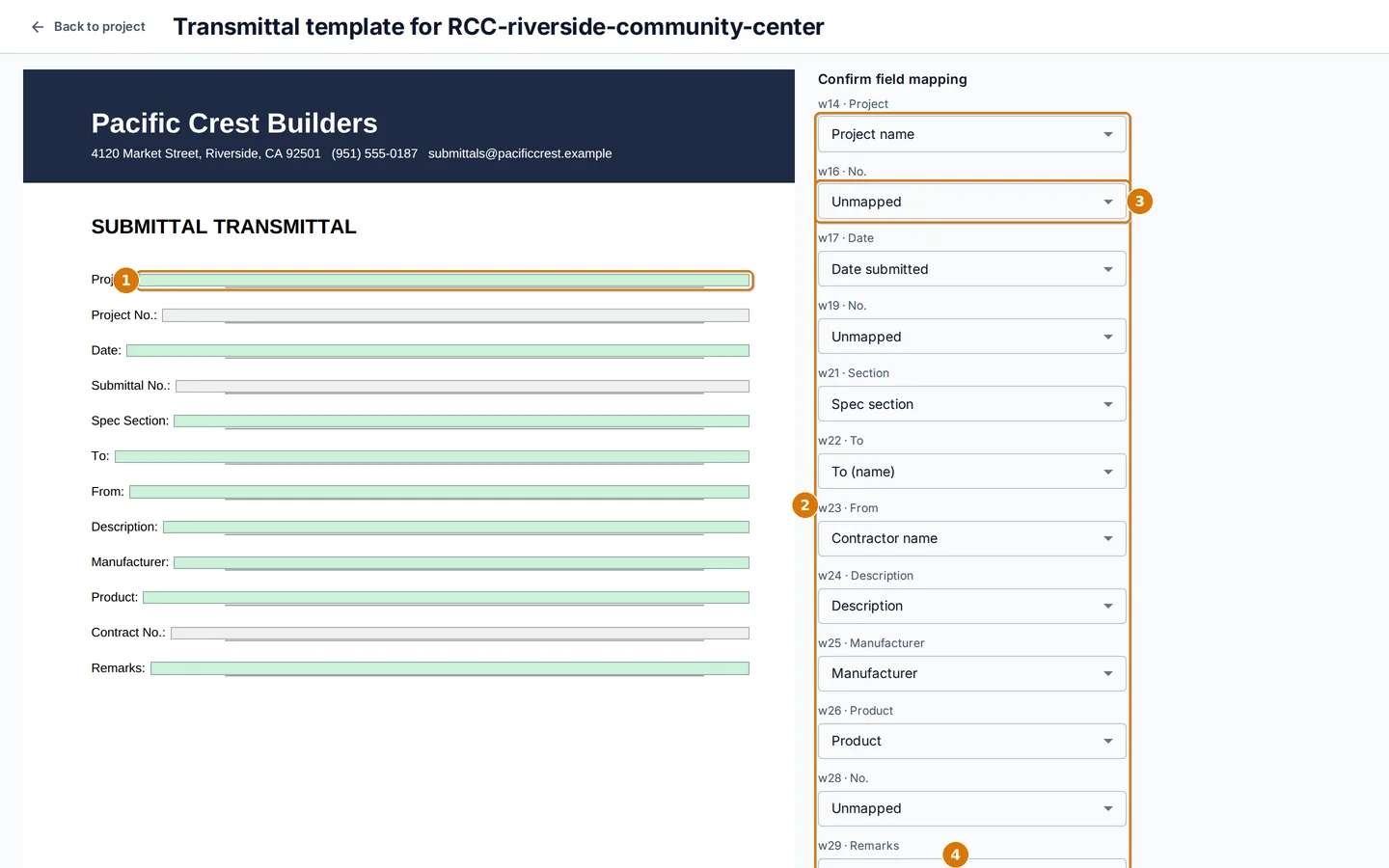 The template mapping step with the letterhead preview and field list