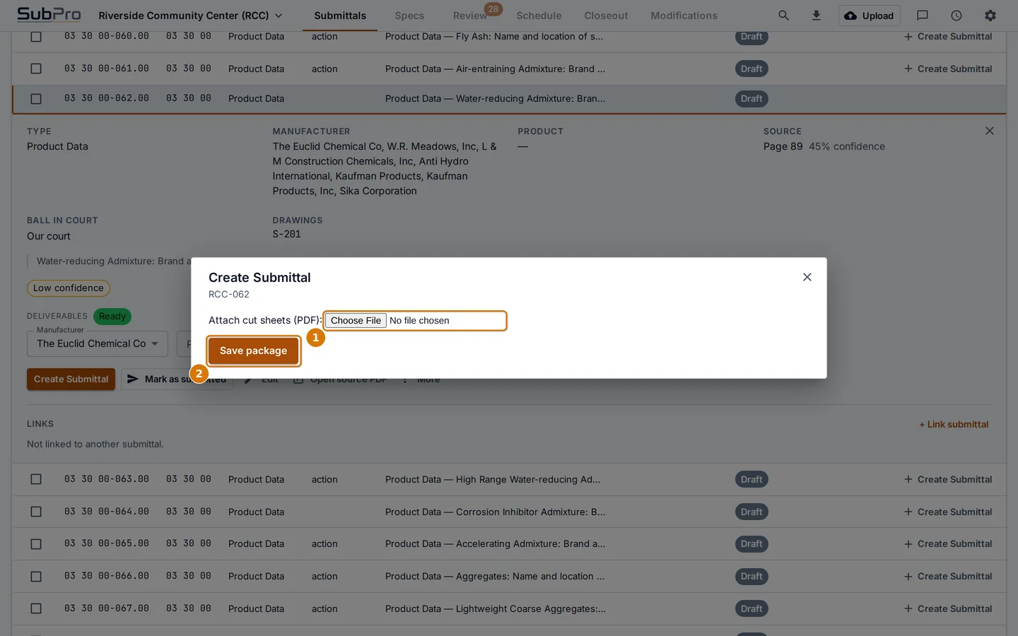 The Create Submittal dialog before saving