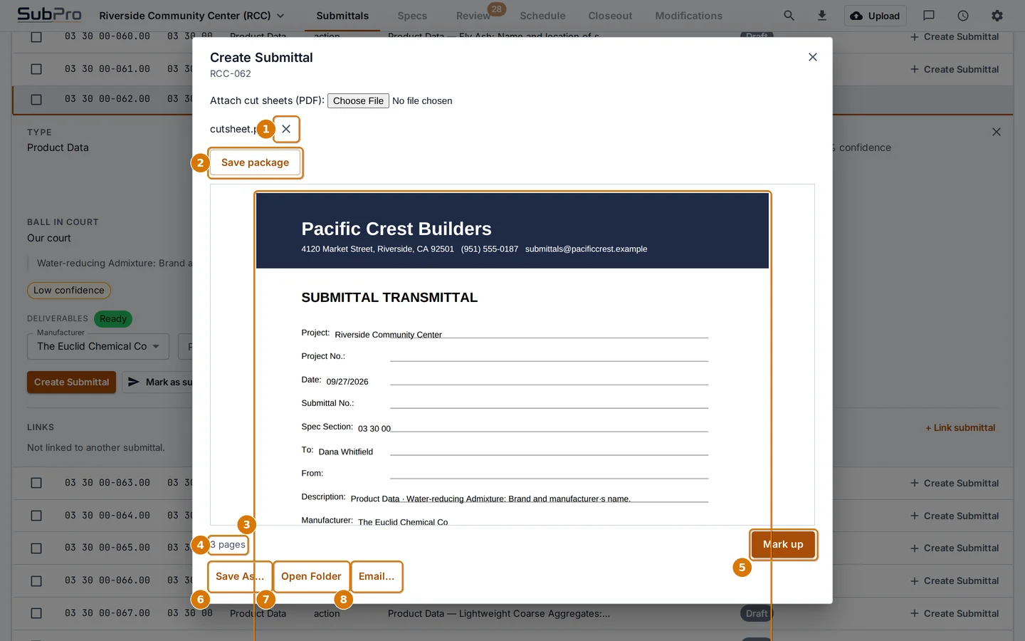 The rendered transmittal preview with its actions