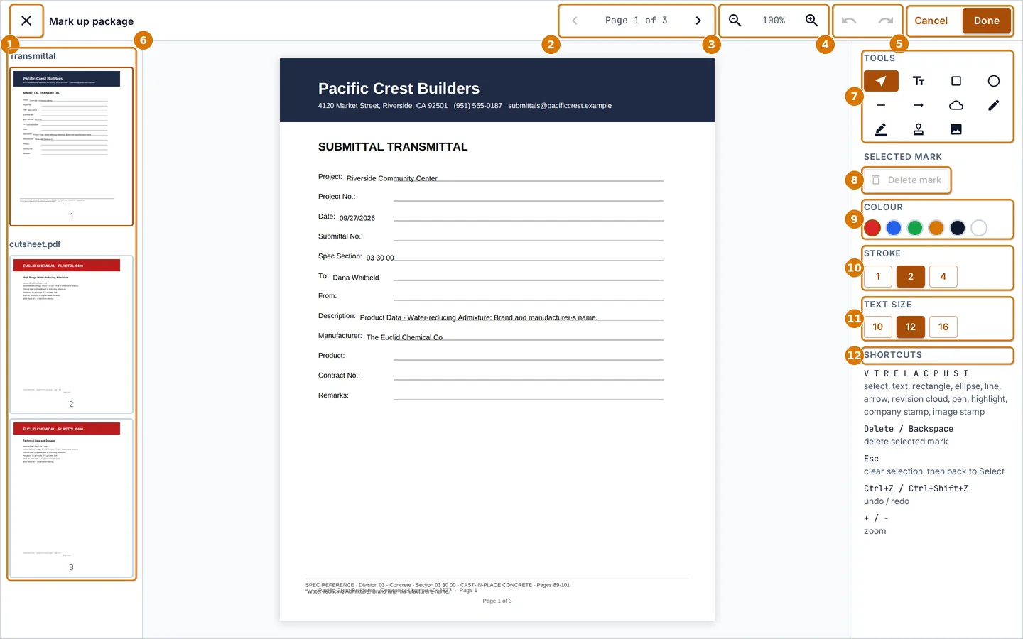 The markup editor with the transmittal on page 1