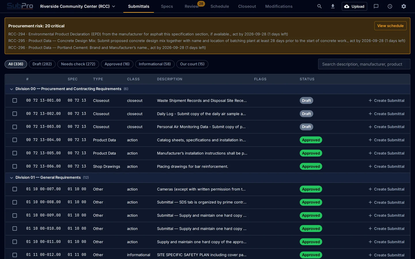 The submittal log in dark mode