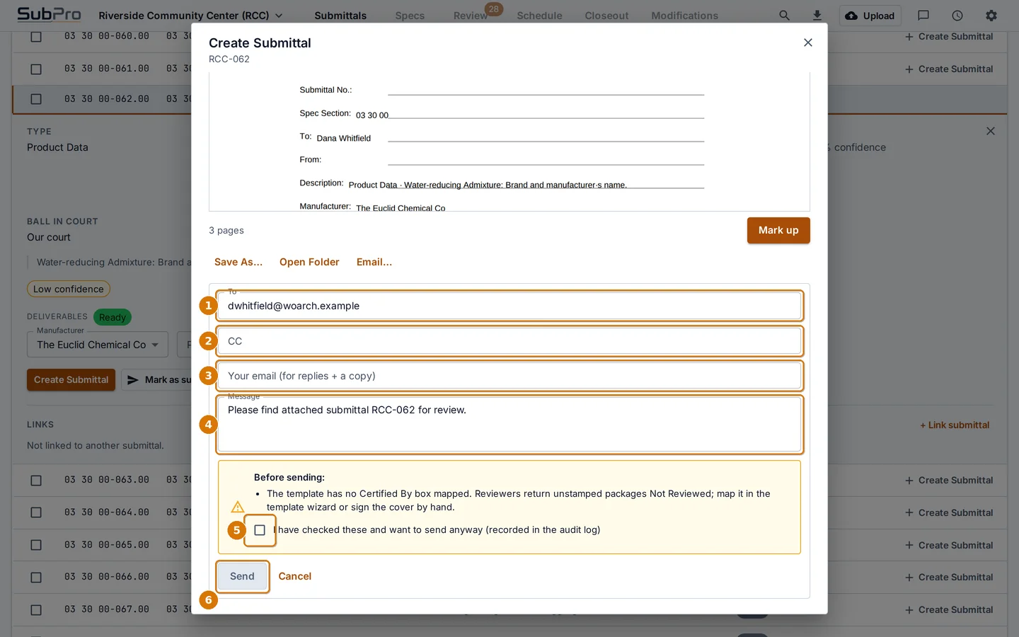The email form under the preview with a warning box