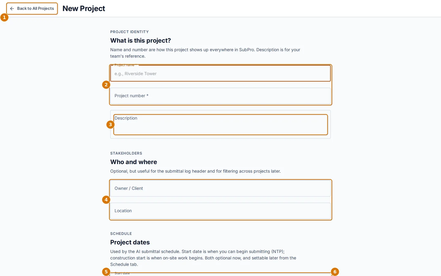 The New Project form