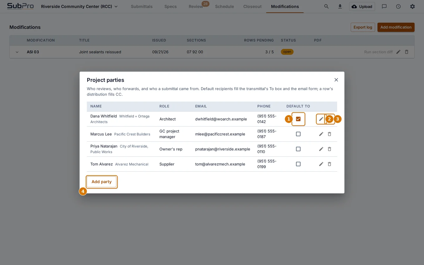 The Project parties dialog with four people listed
