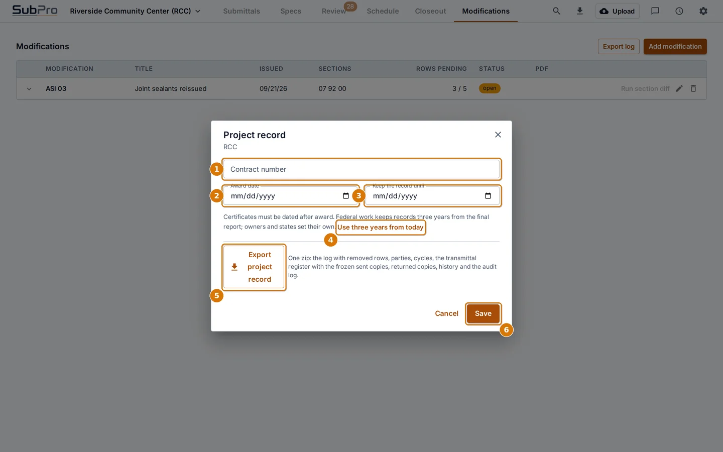 The Project record dialog
