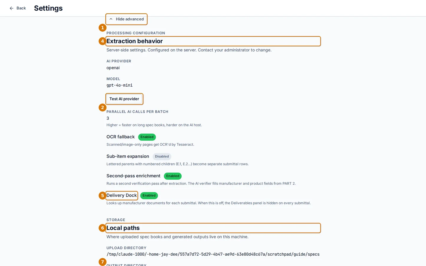 The advanced settings section