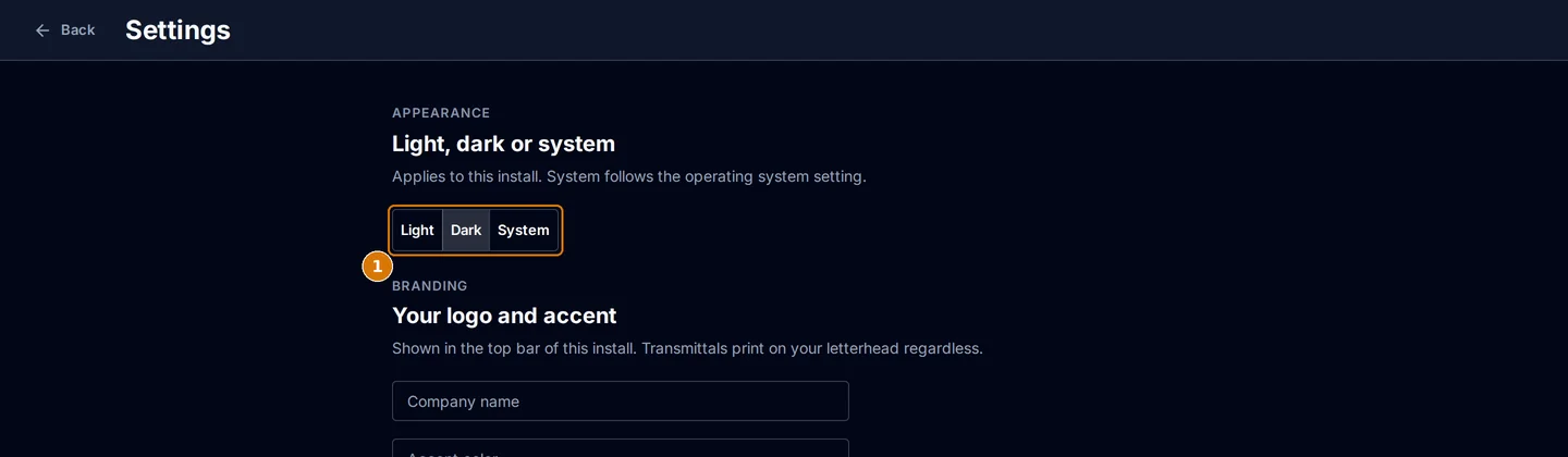 The theme control in Settings, shown in dark mode