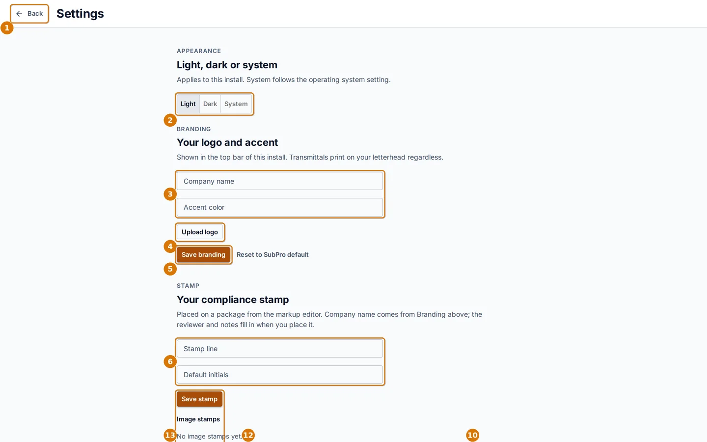 The Settings page