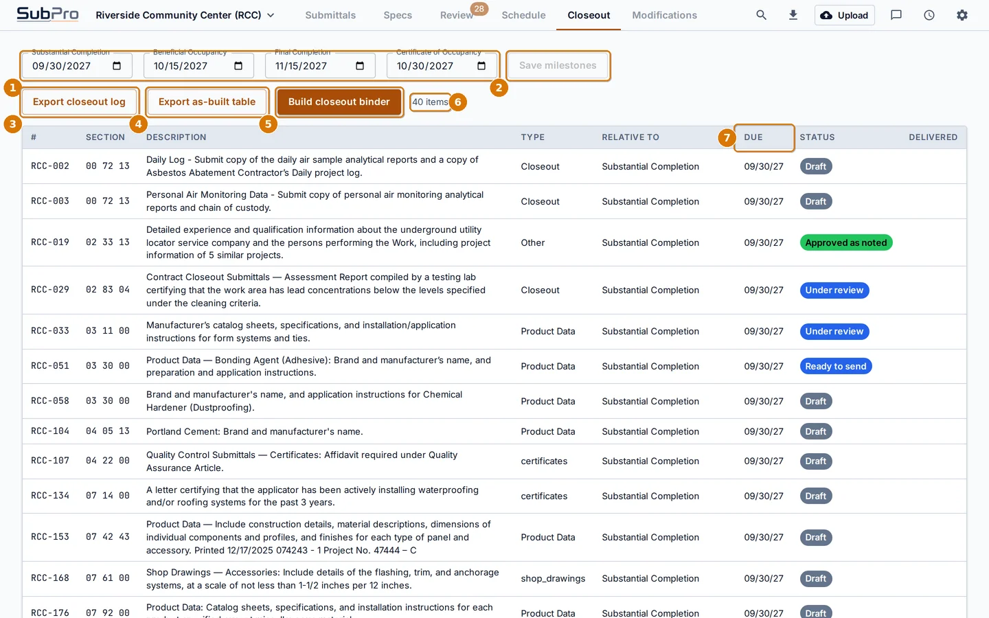 The Closeout tab with milestones and the closeout list