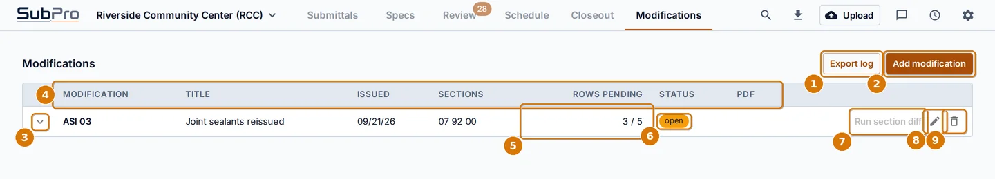 The Modifications tab with one ASI