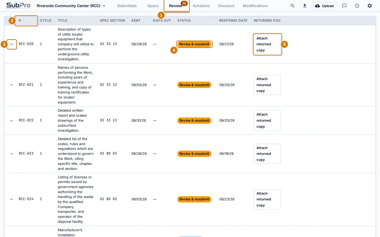 The Review tab listing sent submittals