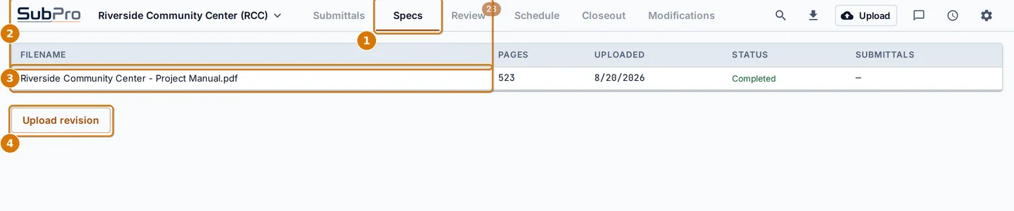 The Specs tab listing one spec book