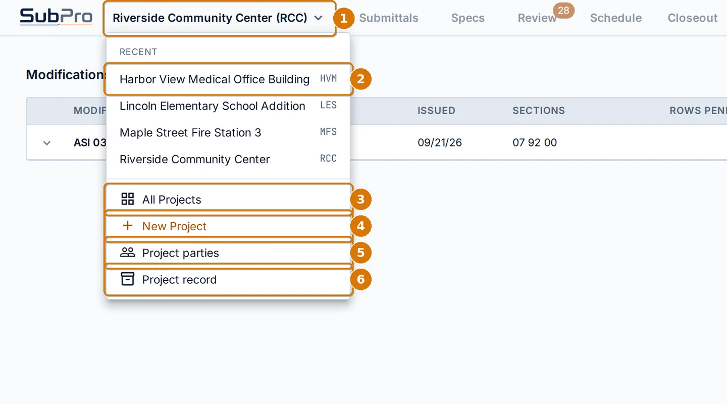 The project picker menu open