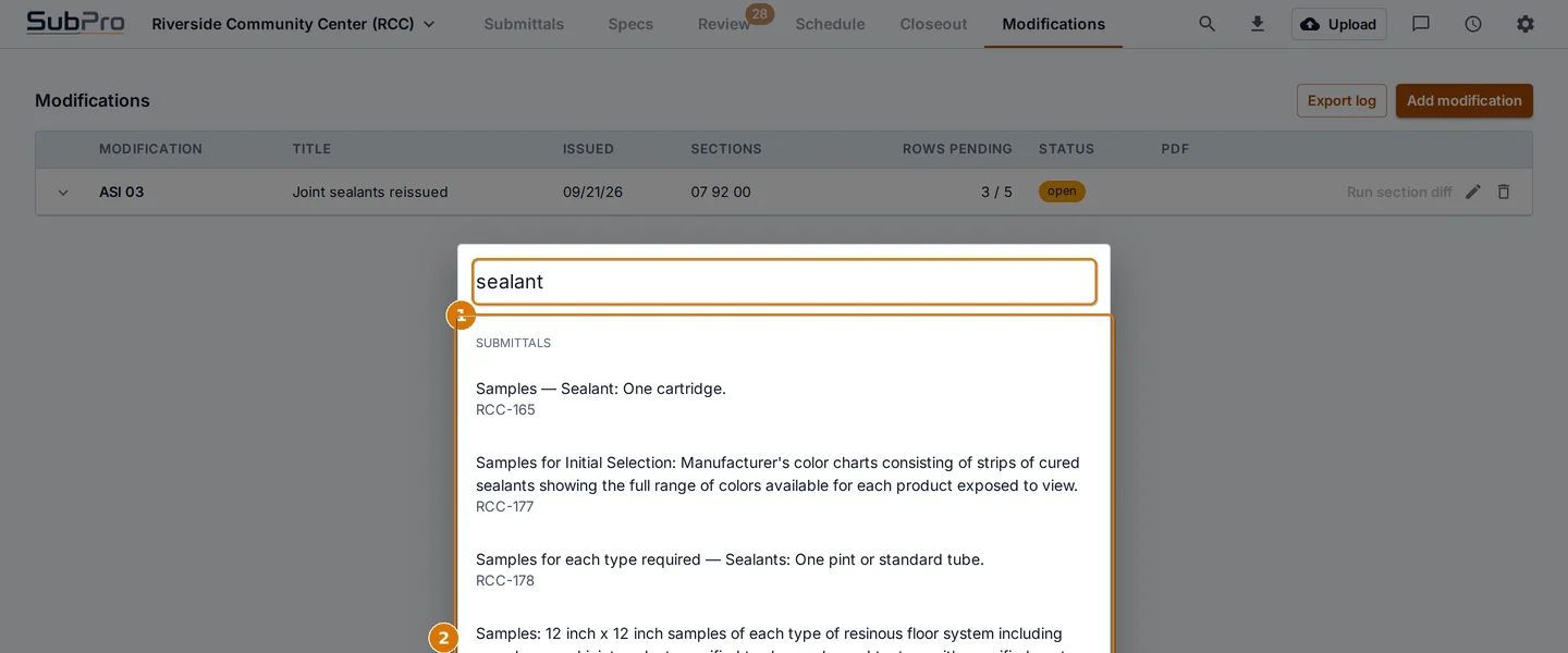 The search palette with results for sealant